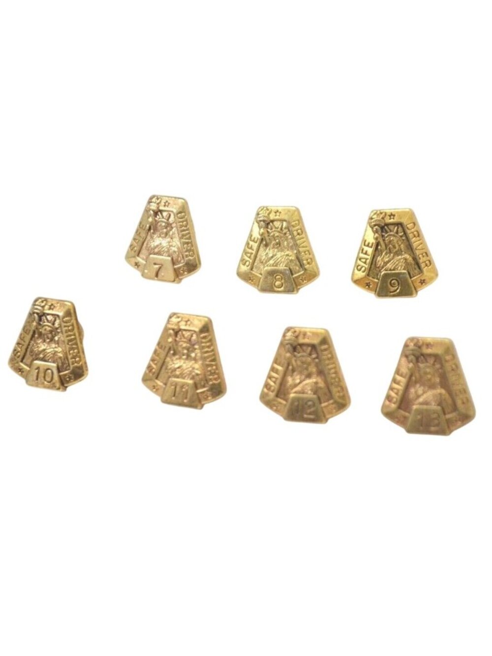 Vtg Safe Driver Award Pin Lot 7 - 13 Statue Liberty Gold Tone Signed Lapel Gear